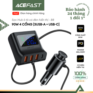 Bộ tẩu sạc ô tô ACEFAST B8 4 Cổng 90W: 3 USB-A + 1 Cổng USB-C Hub sạc 4 cổng tích hợp màn hình hiển thị điện áp đầu vào