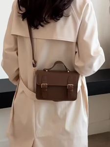 Preppy Solid Color Shoulder Square Bag Buckles Decor Flap Crossbody Bag Brown Wallet Back To School