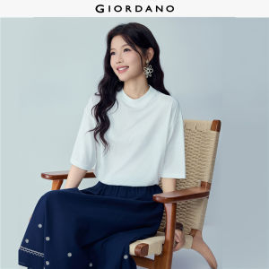Giordano Women Solid color mock neck 1/2 sleeve loose tee Free Shipping 05326431