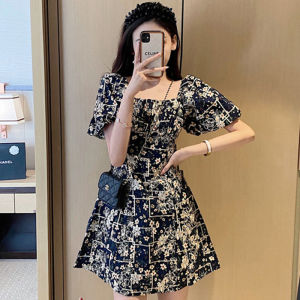 Dress for Women Summer Square Neck temperament Puff Sleeve Dress floral dress Korean Dress
