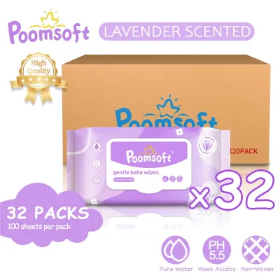 Poomsoft 32 Packs 3200 Pcs Baby Wet Wipes Lavender Scented No-Alcohol Gentle Disposable Cotton Wipes