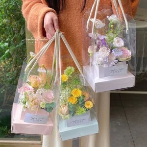 FOUNDTWO Hộp giấy Hộp hoa cầm tay Túi xách Trong suốt Túi Gói bó hoa Hộp quà Di động Túi hoa Gói Hoa