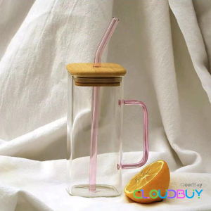 400ml Creative Square Borosilicate Glass Cup with Colored Handle and Bamboo lid & Glass Straw Juice/Coffee/Tea Cups