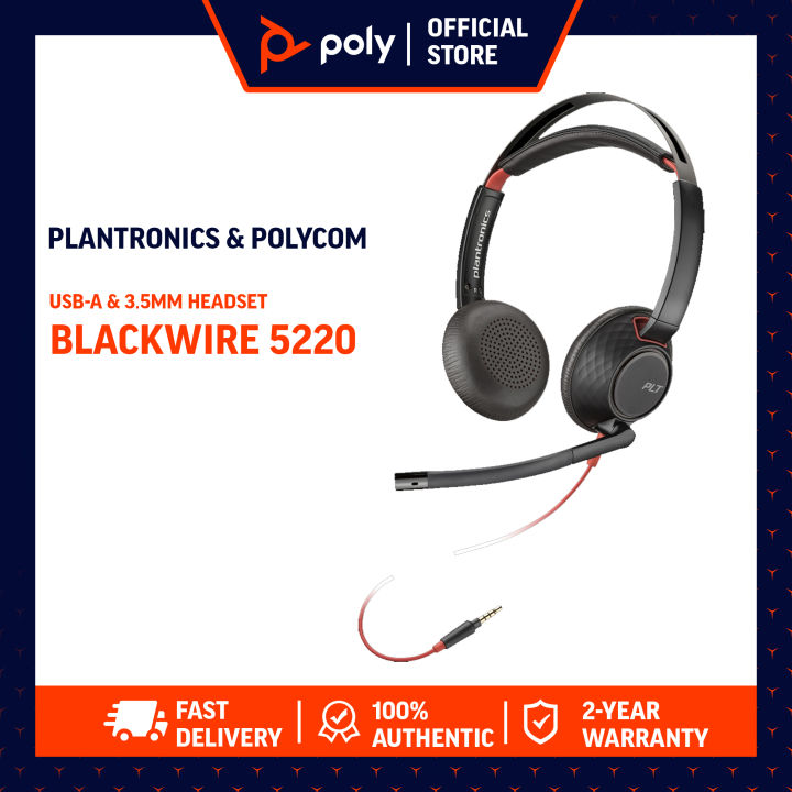 Poly Plantronics Blackwire 5220 USBA with 3.5mm Stereo Wired Headset