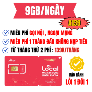 Sim Mobifone Local A139 Tặng 1 Tháng Dùng Mạng Tốc Độ Cao 9GB/Ngày Gọi Điện Thoải Mái Gia Hạn Chỉ 139K/Tháng | FREESHIP - CHƯA KÍCH HOẠT