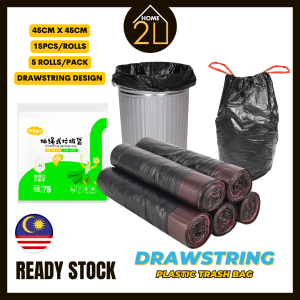 Home2U🏡 Drawstring Plastic Garbage Bag 45cmx45cm15pcs/Roll Garbage Bag With Automatic Closing Rope Plastik Sampah Garbage Plastic Bag 45X45cm Pe Extra Thick Type Drawstring Home Trash Bags Plastik Tong Sampah Bertali Tambah Tebal