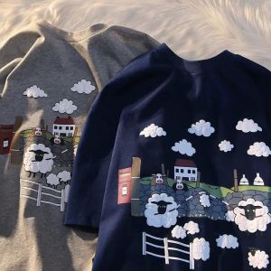 [Flash sale] Japanese Cute cartoon Sheep Printed Short-sleeved T-shirt for Women Korean Version 2024 Loose Casual Couple Top