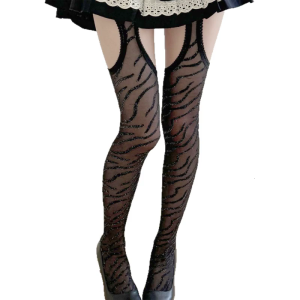 Edgy Zebras Print Sheer Pantyhose Stockings Silver Thread Weaving Thigh Openings Faux Suspender Nylon Tights for Women