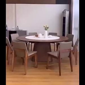 Chinese Solid Wood Embedded Stone Plate Dining Table Household Ho Banquet Large round Table Walnut Color Large round Dining Tables and Chairs Set