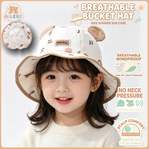 AILEBE 【Local Stock】Kids Sunshade Fisherman Hat Is Made Of Lightweight Material To Protect The Cervical Spine Relax The Scalp And Comes With A Windproof Rope For More Convenience