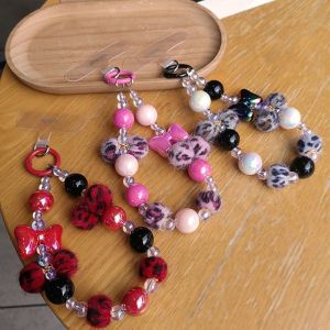 HAPPY DROPS Bowknot Leopard Print Phone Lanyard Short Anti-lost Girls Phone Pendant Cute Beaded Hairball Phone Hanging Chain Female Lady Girl