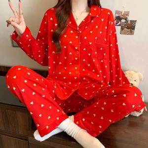 7CYM Spring New Faux Cotton Womens Pajamas Set Y2k Lapel Button Cardigan Lounges Senior Red Love Heart Fashion Home Clothes 2pc