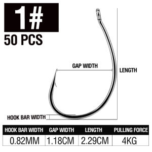 50Pcs/Boxed High Carbon Steel Fish Hooks 1# 1/0# 2/0# Fishing Tackle 8003 Wacky Worm Fishhooks with Barbs Offset Circle Hooks