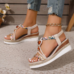 [Free Shipping] Bohemian style womens 2025 summer new colorful woven beaded round-toe comfortable wedge heel peep-toe sandals