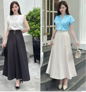 Chân váy xòe dáng dài 85cm có túi hai bên khóa kéo sau kiểu dáng đơn giản cá tính phong cách sang trọng