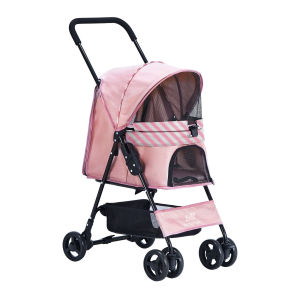 Foldable Pet Stroller for Cats and Dogs 4 Wheels Carrier Strolling Cart with Storage Basket + Cup Holder
