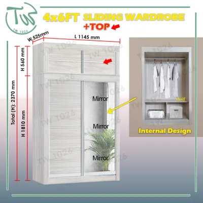 TW (KL & Selangor) Ready Assembled 4x6FT Anti-Jump Sliding Wardrobe Full Mirror Design- Beige