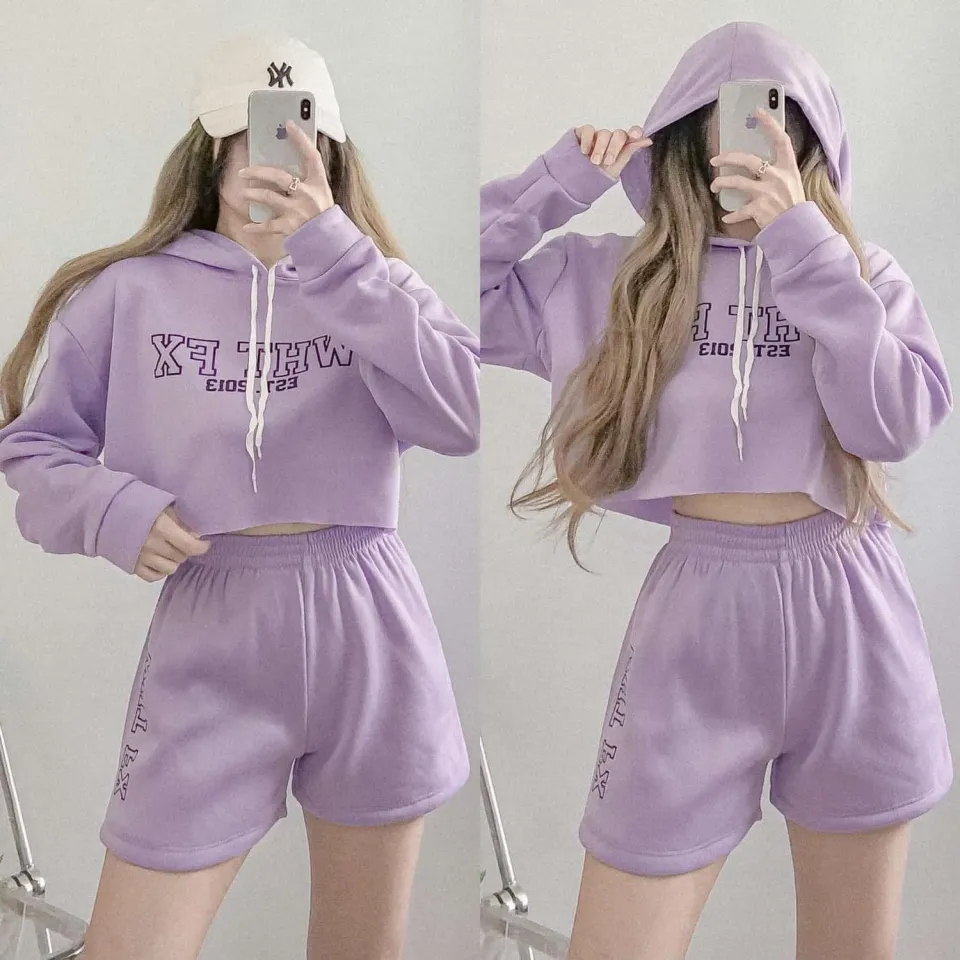 GJ WHT FX Terno 2 in 1 Long Sleeve Printed Hoodie Crop Top Hoodie Jacket  and Shorts For Women