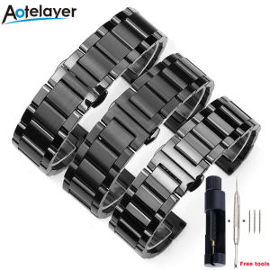 Aotelayer 16 18 20 21 22 23 24 26mm Width Three Beads Solid Full Stainless Steel Watchband Men Women Butterfly Clasp Bracelet Waterproof Flat Head Universal Watch Strap With Tools