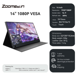 【Local Warehouse】ZOOMEDIN 14/15.6"/18.5/21.5 1080P FHD TouchScreen Model Portable Monitor With Type-C HDMI/Mini DP/Dual Speaker/VESA for Phone Nintendo Xbox PS4 RPi Win PC Mac