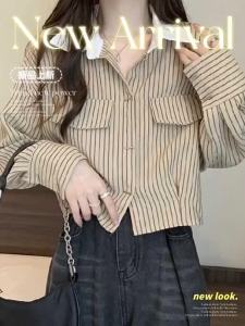 100% Cotton French Elegant Womens Long Sleeve Polo Neck Striped Chiffon Shirt Commute Style Spring Autumn Arrival Casual Top