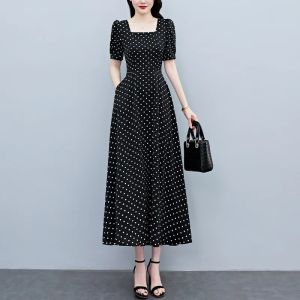 Women Square Neck Polka Dot Maxi Dress Puff Short Sleeve A Line Flowy Long Dresses Casual Holiday Sundress With Pockets