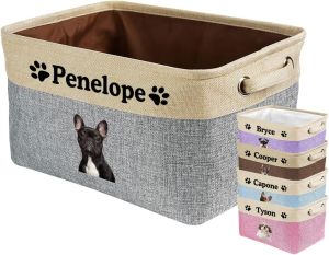 Custom Dog Basket for Toys Collapsible Storage Bin Grey Brow Pink Purple Blue RectangularStorage Organizer with Handles Medium Personalized Pets Name
