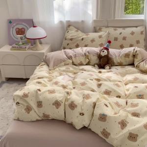 Cute Bear Quilt Cover Four-Piece Set Fresh Style A Washed Cotton Bed Sheet and Duvet Cover Set for Student Dormitory Bed Three-Piece Set LZD