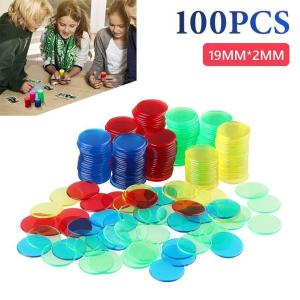 100pcs Clear Bingo Chips Mixed Color Chips Size 19mm x 2mm Bingo game accessories Teaching plastic