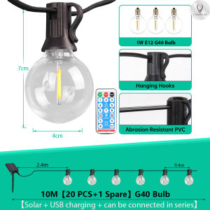 Solar String Lights Outdoor G40 Patio Lights with LED Shatterproof BulbsWeatherproof Hanging Lights for Backyard Bistro