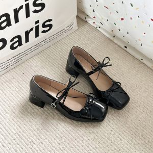Round Headed Bow with Straight Strap Mary Jane Shoes Womens Thick Heeled Shoes
