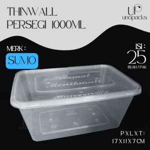 THINWALL KOTAK PERSEGI 1000ML WADAH MAKANAN PLASTIK PLUS TUTUP BENING SUMO (25 PCS)