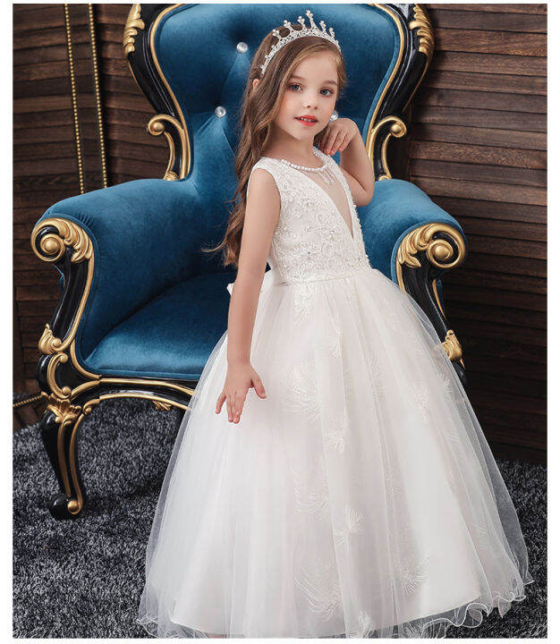 Kids Wedding Party Flower Girl Bridesmaid White Long Dress V neck