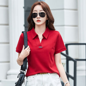 Women Short Sleeve Lapel T-shirt Solid Color V-neck Tops 95% Cotton