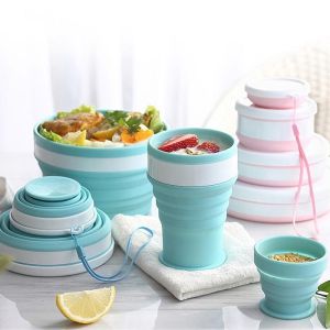 Portable Silicone Collapsible Travel Cup 100/200/350ml Silicone Folding Camping Cup With Dustproof Cover Lid Outdoor Sports Expandable Drinking Cup