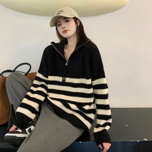 เสื้อแขนยาวไหมพรมเนื้อนุ่ม ลายทาง   ทรงหลวม ฟชั่นสไตล์เกาหลี 99043