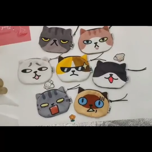 Portable Earphone Storage Bag Cartoon Cat Face Pattern Plush Purse Small Wallet for Outdoor Activity and Travel