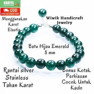 Gelang Tangan Wanita Bracelets Batu Beads Manau Hijau Emerald Dirangkai Dengan Karet Rantai Stainless Tahan Karat Kado