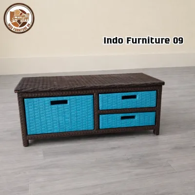 Meja TV Kayu Modern 3 Rak dengan Laci Rotan Sintetis