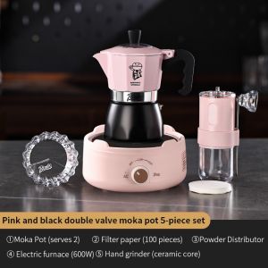 BINCOO Double Valve Moka Pot Set wiht Stove Home Mini Brewing Coffee Pot Set Italian Coffee Bean Grinder Set 2Cups