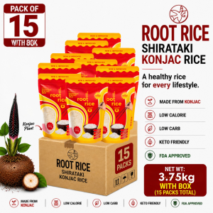 Root Rice Premium Dry Shirataki Konjac Rice - 15 packs with box - Made from Konjac - Low calorie - Low carb - Keto friendly - FDA approved - Net wt. 3.75kg (15 packs total)
