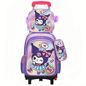 2025 Kuromi School Bag for Kids Detachable with Wheels Trolley Large Capacity Waterproof Backpack