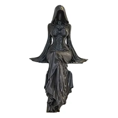 3D Printed Black Robe Figurine Handmade Gothic Style Hooded Woman Statue Collectible Craft Integrated Sitting Pose Lady Sculpture Home Decor