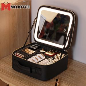 MOJOYCE Travel Makeup Bag with LED Mirror and Multiple Compartments Large Capacity Cosmetic Case for Women Lightweight Pink