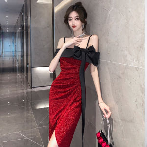 Impression Fashion Lady Korean One-shoulder Joint 3D Bowknot Ribbon Colour Blocking Irregular Split Bodycon Party Evening Dress