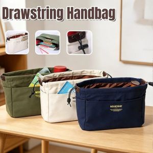 Canvas Drawstring Handbag Insert Bag with Multi-Pockets Versatile Tote Pouch Organizer
