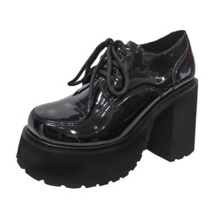 Falimottype)Size 35-40 Womens Fashion High Heel Short Boots Black JK Mary Jane Shoes Thick Heel School Student Leather Loafers