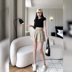 Ammin 2024 Mùa Hè Thiết kế eo cao eo dây rút co giãn mới quần ống đứng trẻ em màu trơn phong cách Hàn Quốc Túi A-line quần ống rộng thanh lịch