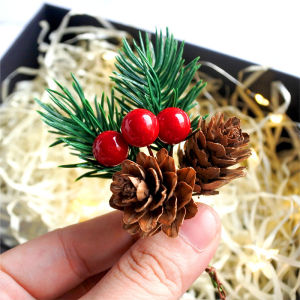 10pcs Pine Needle Mini Christmas Tree Accessories Gift Box Decor Artificial Flower Xmas Decorative Ornament Desktop Red Berry