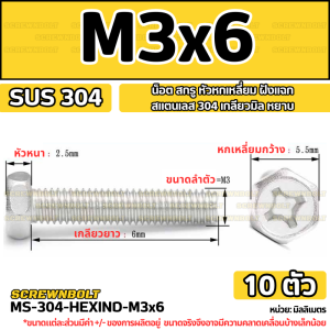น็อต สกรู หัวหกเหลี่ยม ฝังแฉก สแตนเลส 304 เกลียวมิล หยาบ M3 M4 M5 / Indented Hexagon Machine Screw SUS